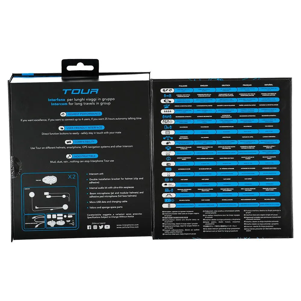 Interphone TOUR TWIN - Bluetooth Communicatiesysteem Voor Motorrijders - 4 Rijders Tot 1,5km - 25u Gesprekstijd - Snel Laden - GPS & Muziek