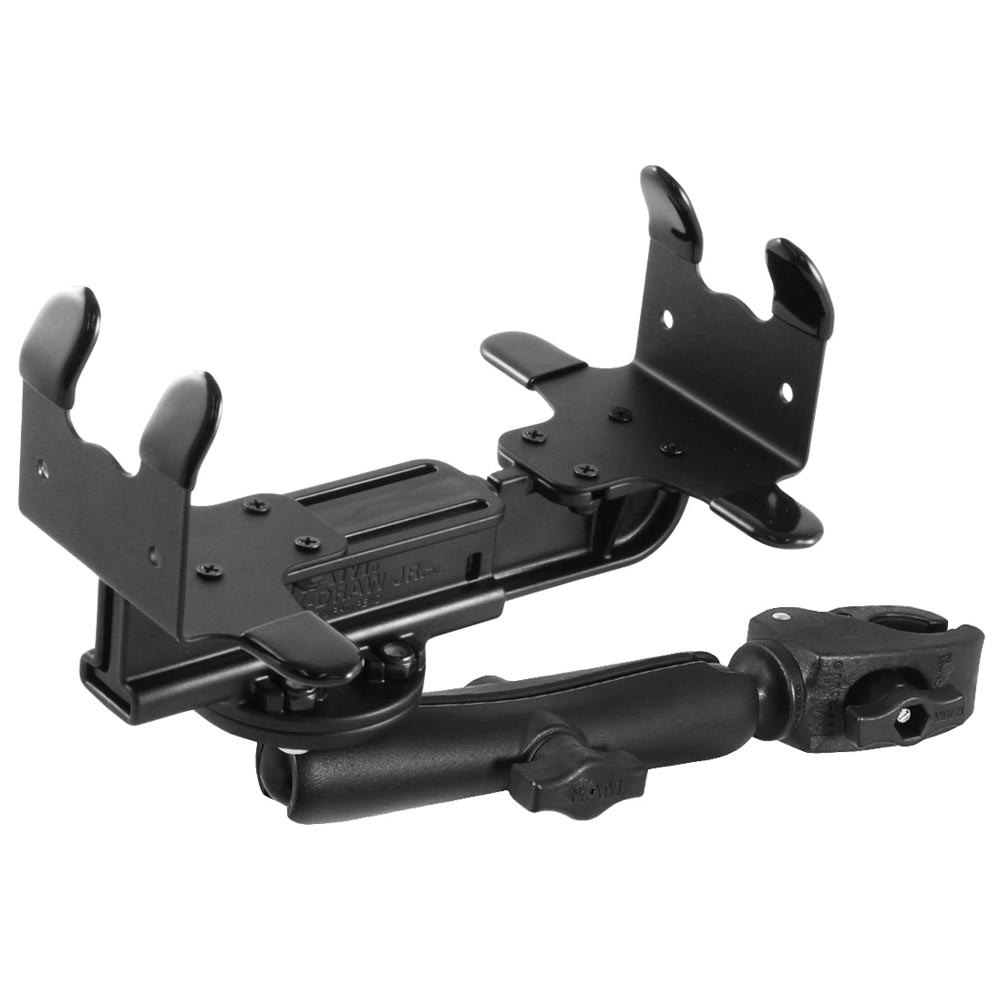 rammount-powersports-tough-claw-base-with-long-double-socket-arm-and-universal-small-portable-printer-cradle