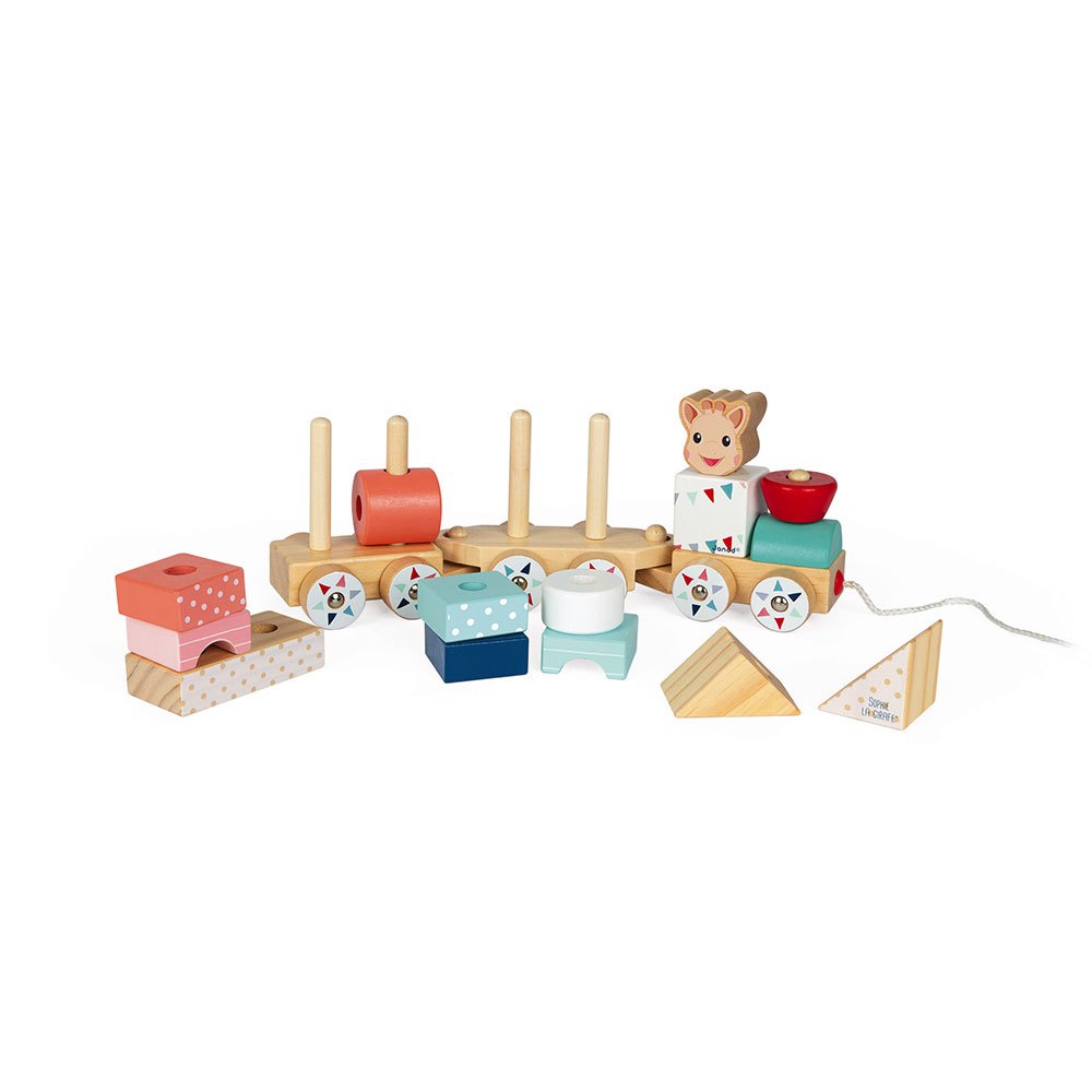 Months Janod Sophie La Girafe Collection 15 pc Wooden 2-in-1 Train Pull-Along with Activity Stacking Blocks Toy for Sorting and Motor Skills for Ages 12 
