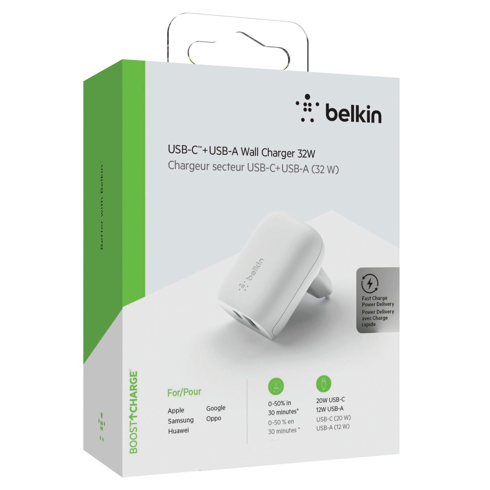Chargeur Secteur 32W USB-C 20W USB 12W Charge rapide Compact Belkin Blanc 