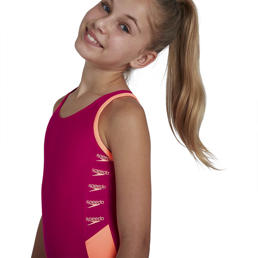 Speedo Girl's Swimming Costume Boom Logo Splice Muscleback Swimsuit Black Pink 