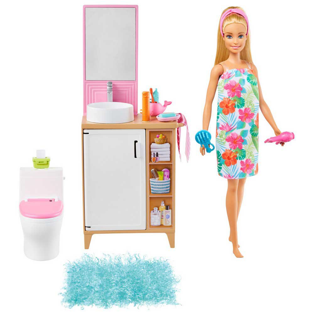 con mueble de baño y accesorios de juguete Mattel GRG87 Barbie en casa Muñeca rubia con set de juguete de baño 