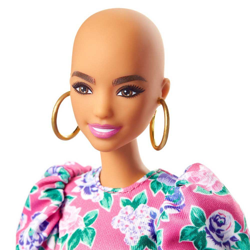 Mattel GYB03 Barbie Fashionista Muñeca alopécica con Vestido de Flores y Mangas abombadas y Accesorios de Moda de Juguete 