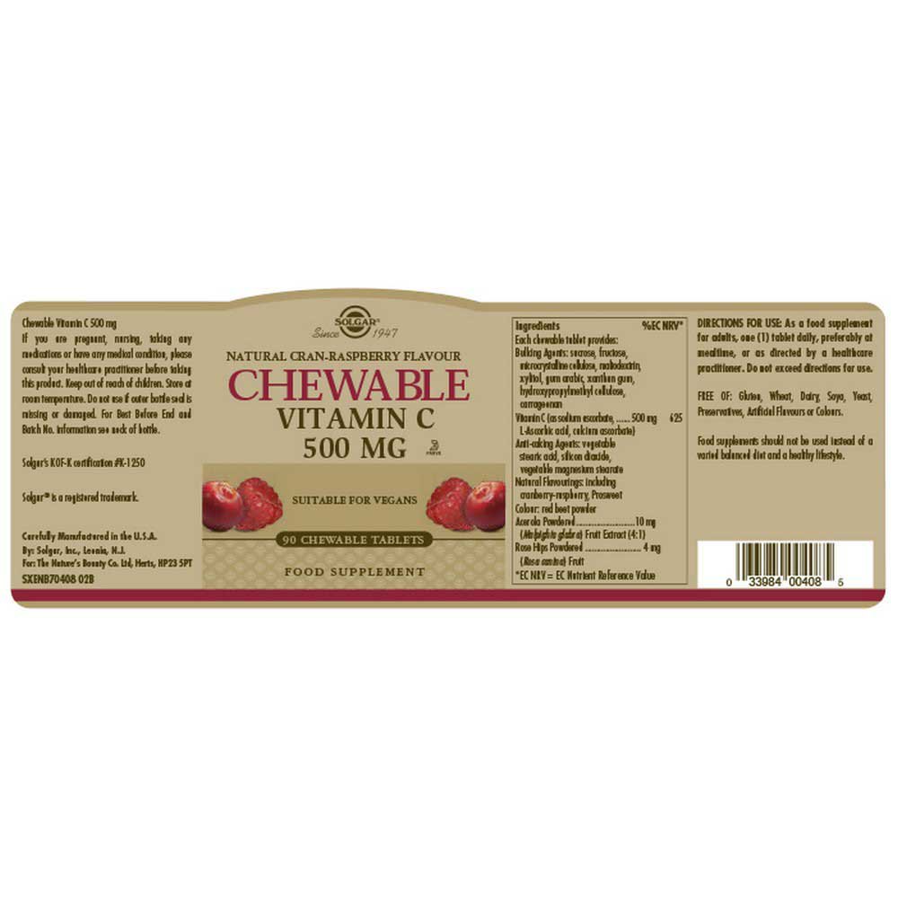 Solgar Vitamin C Adulte 500mg 90 Unités Cranberry / Raspberry