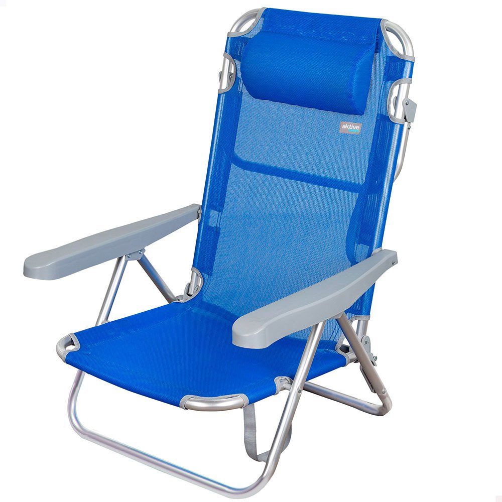 Chaise de jardin avec coussin Publiclick Chaise pliante de plage Bleu avec coussin cervical Structure en aluminium et tissu polyester 600D Poids maximum conseillé 100 kg 