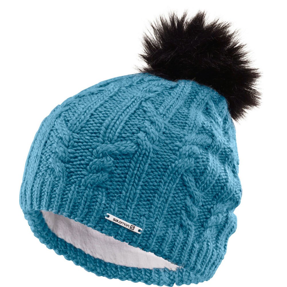 Salomon Poly Beanie Hat Pom Wool Blend Blue Black One Size Unisex 