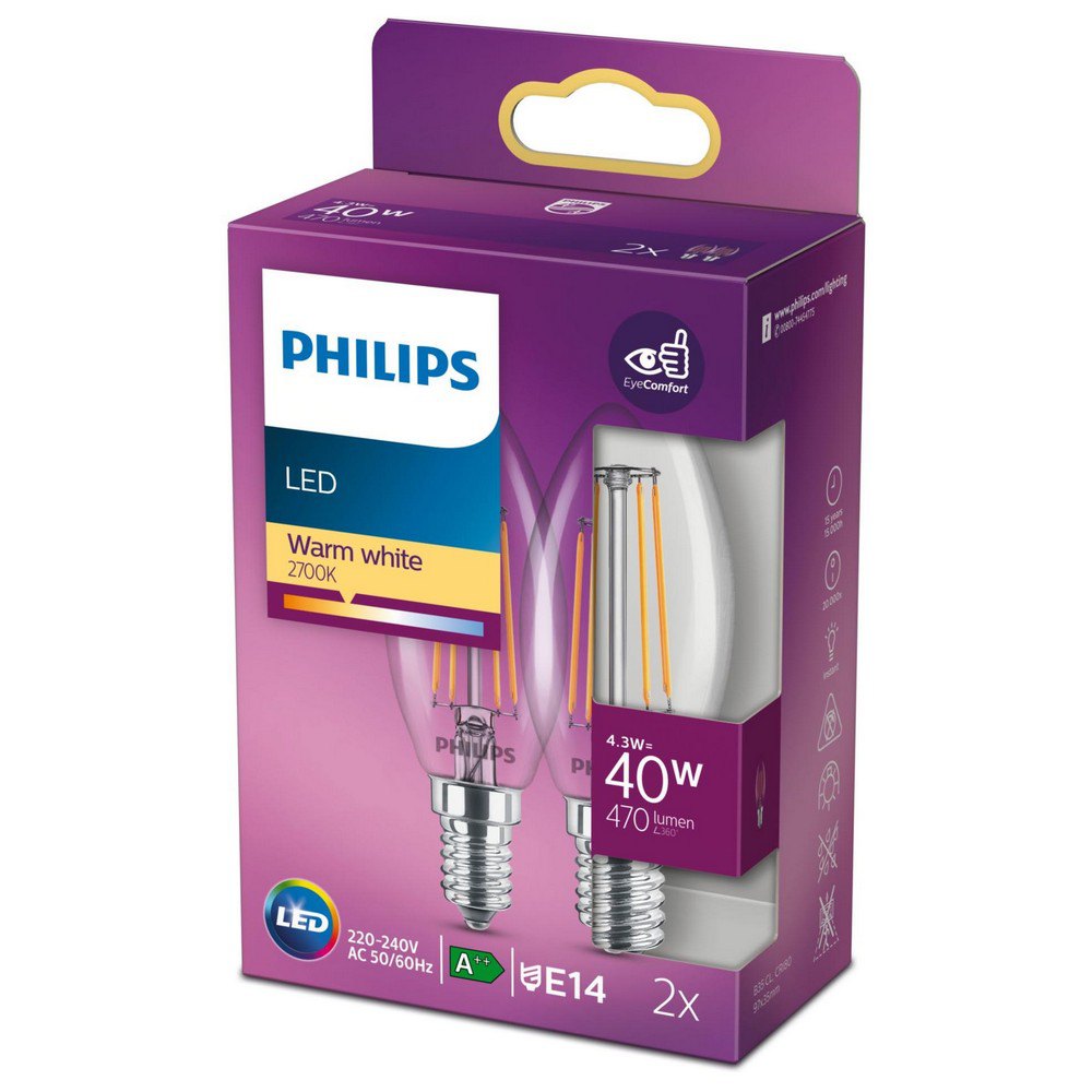 fusion suge Soveværelse Philips Classic Candle E14 40W LED Bulb 2 Units Clear | Techinn