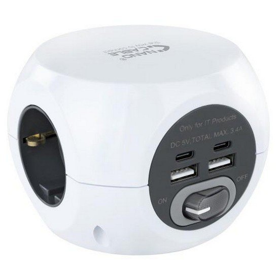 White 3 Way USB Cube Socket with 3 USB Ports 1.4m Extension Lead ON/OFF Switch