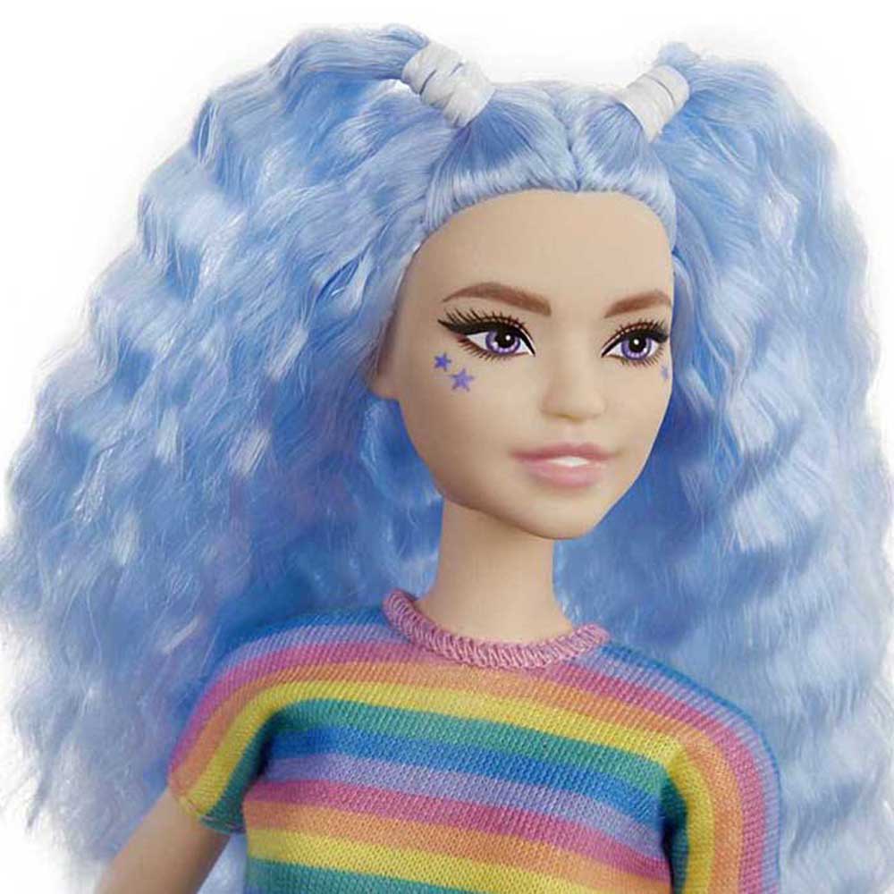 Barbie Pelo Violeta Con Top Arcoiris Falda Vaquera Y Accesorios