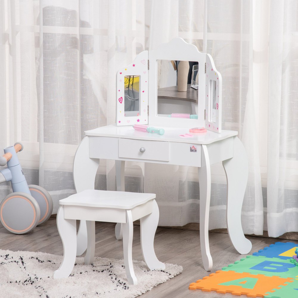 KidKraft 13009 Tocador con espejo y taburete de madera de tamaño mediano Blanco muebles para salas de juego y dormitorio de niños 