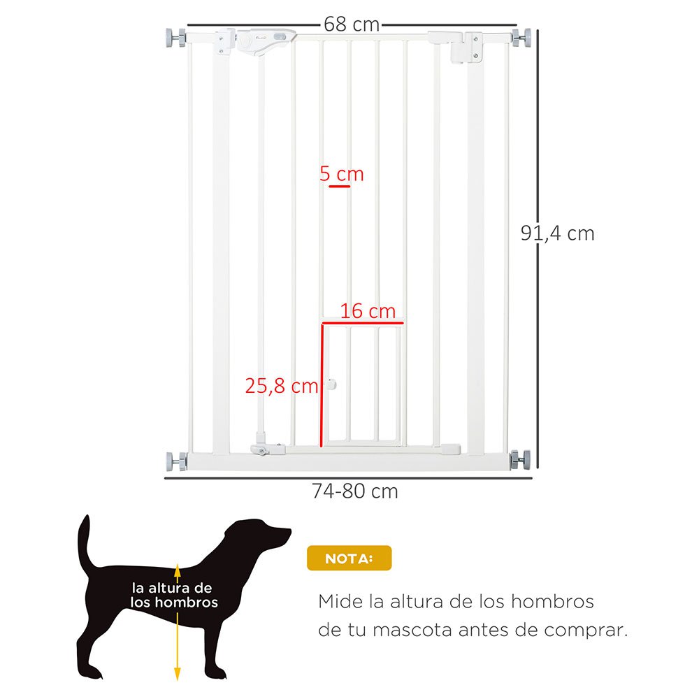 PawHut Barrera de Seguridad de Perros Mascotas 74-80 cm para Escaleras Puertas y Pasillo con Puerta para Gatos Cierre Automático y Sistema de Doble Bloqueo Altura 76,2 cm Blanco 