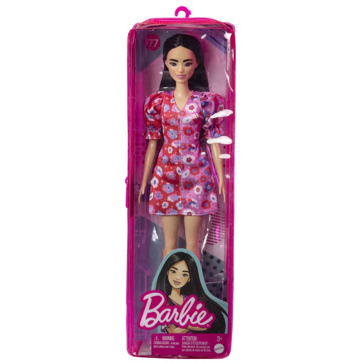 Barbie Muodikkaat Pitkät Mustat Hiukset Ja Kukkainen Mekko, Jossa On Pullistetut Hihat, Olkaimet, Violetit Korkokengät Perhossormusnukke