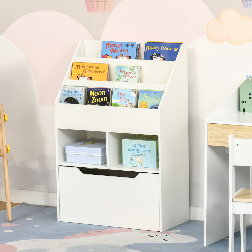 HOMCOM Mueble Infantil Librería Estantería para Niños con 2 Compartimentos 2 Cajones y 2 Armarios Almacenaje de Libros Juguetes Ropa para Habitación Guardería 80x30x85 cm Azul 