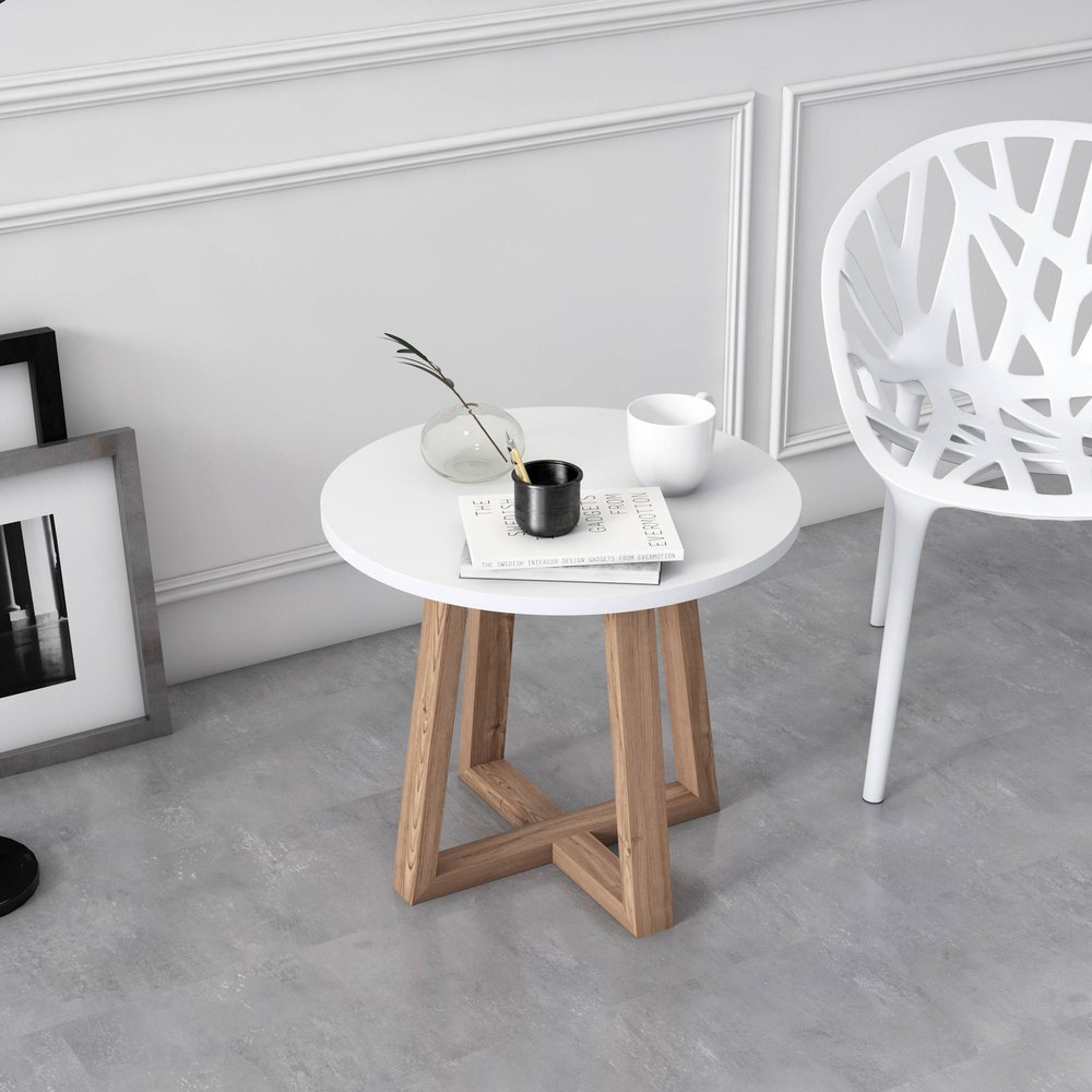 Dmora Low Round Coffee Table With Crossed Legs. 20 X 20 X 20 Cm. White And  Oak Color