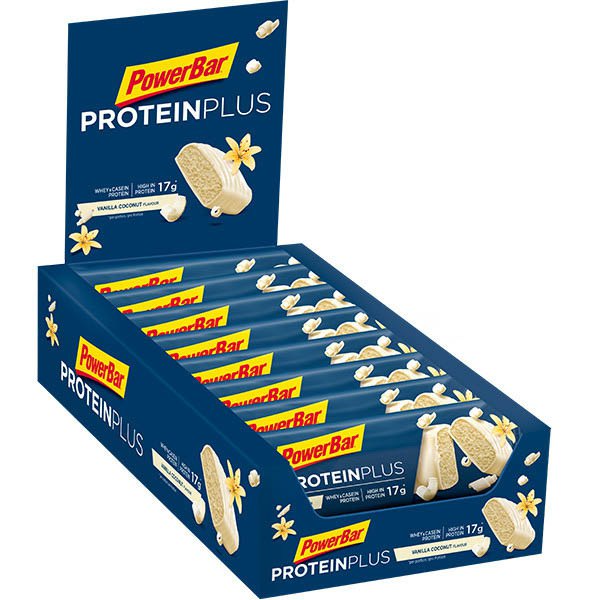 powerbar-proteiini-plus-30-55g-15-yksikoita-vanilja-ja-kookos-energiaa-baarit-laatikko