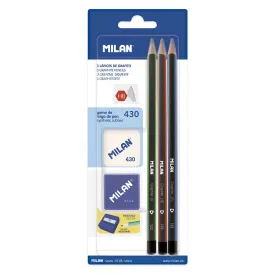 milan-blister-pack-3-triangular-graphite-pencils-1-sharpener-1-eraser