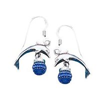Dive silver Dolphin With Crystal Long Earrings